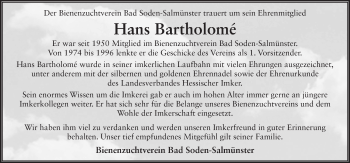 Traueranzeige von Hans Bartholomé 