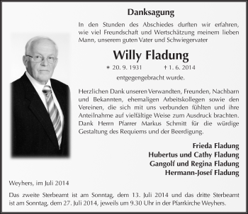 Traueranzeige von Willi Fladung 