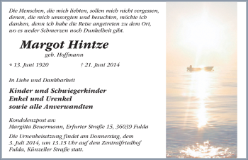 Traueranzeige von Margot Hintze 