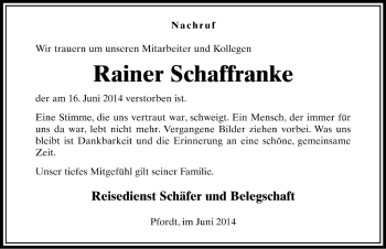 Traueranzeige von Rainer Schaffranke 