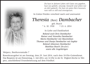 Traueranzeige von Theresia Dambacher 