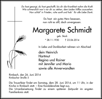 Traueranzeige von Margarethe Schmidt 