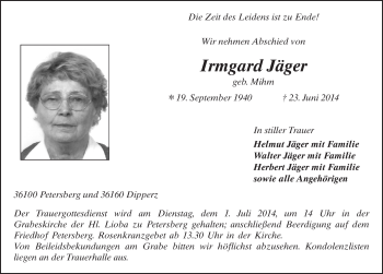 Traueranzeige von Irmgard Jäger 