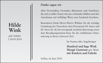 Traueranzeige von Hilde Wink 