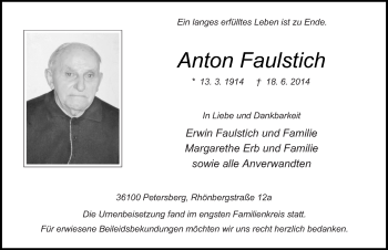 Traueranzeige von Anton Faulstich 
