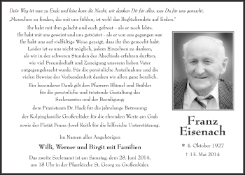 Traueranzeige von Franz Eisenach 