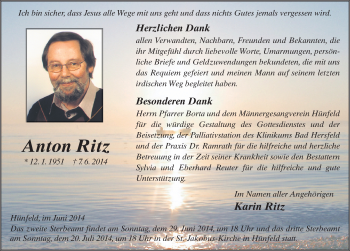 Traueranzeige von Anton Ritz 