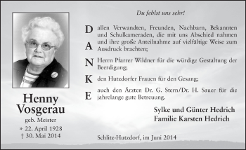Traueranzeige von Henny Vosgerau 