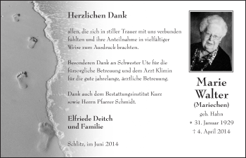 Traueranzeige von Marie Walter 