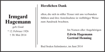 Traueranzeige von Irmgard Hagemann 