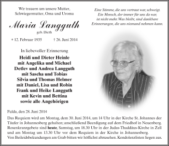 Traueranzeige von Maria Langguth 