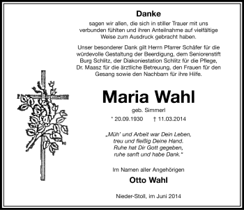 Traueranzeige von Maria Wahl 