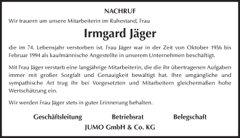 Traueranzeige von Irmgard Jäger 