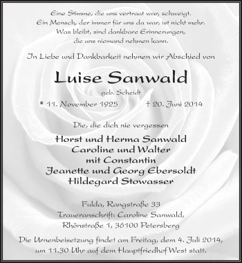 Traueranzeige von Luise Sanwald 