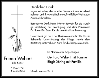 Traueranzeige von Frieda Webert 