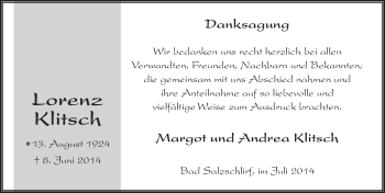 Traueranzeige von Lorenz Klitsch 
