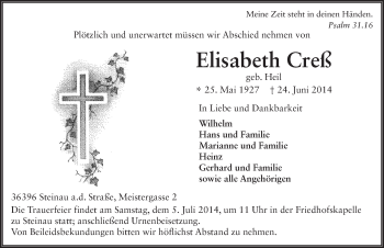 Traueranzeige von Elisabeth Creß 