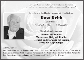 Traueranzeige von Rosa Reith 