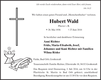 Traueranzeige von Hubert Wald 