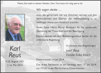Traueranzeige von Karl Reus 