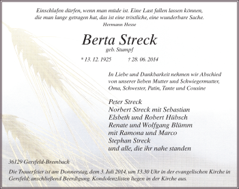 Traueranzeige von Berta Streck 