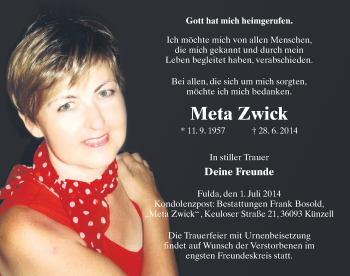 Traueranzeige von Meta Zwick 