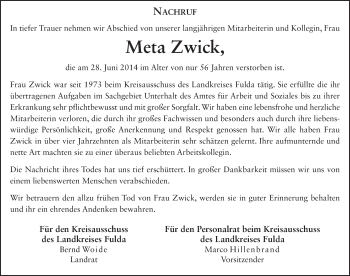 Traueranzeige von Meta Zwick 