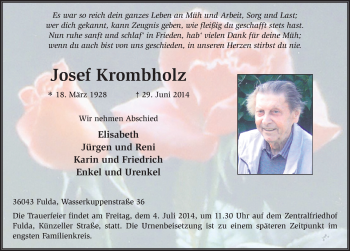 Traueranzeige von Josef Krombholz 