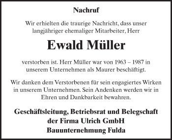 Traueranzeige von Ewald Müller 