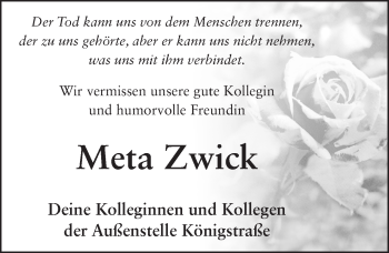 Traueranzeige von Meta Zwick 
