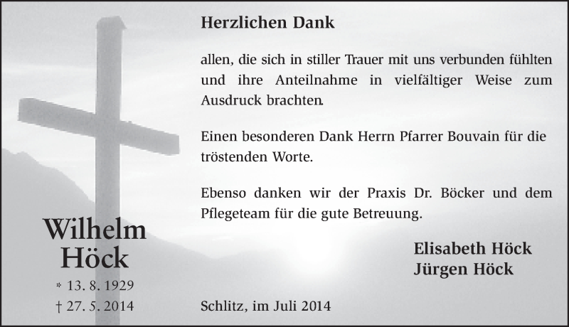  Traueranzeige für Wilhelm Höck vom 02.07.2014 aus 