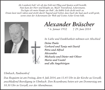 Traueranzeige von Alexander Bräscher 