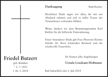 Traueranzeige von Friedel Butzert 