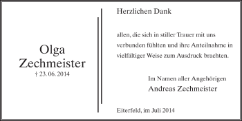 Traueranzeige von Olga Zechmeister 