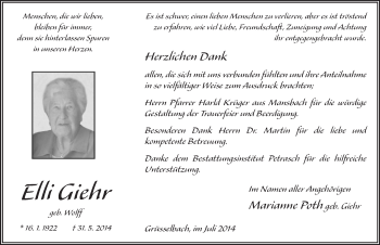 Traueranzeige von Elli Giehr 