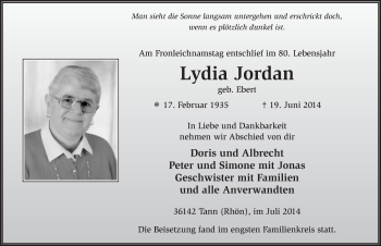 Traueranzeige von Lydia Jordan 