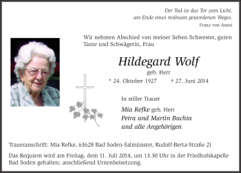Traueranzeige von Hildegard Wolf 