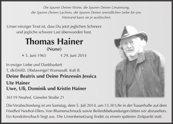 Traueranzeige von Thomas Hainer 