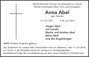 Traueranzeige von Anna Abel 