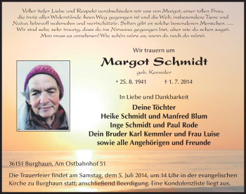 Traueranzeige von Margot Schmidt 