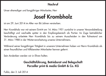 Traueranzeige von Josef Krombholz 