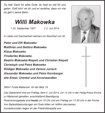 Traueranzeige von Willi Makowka 
