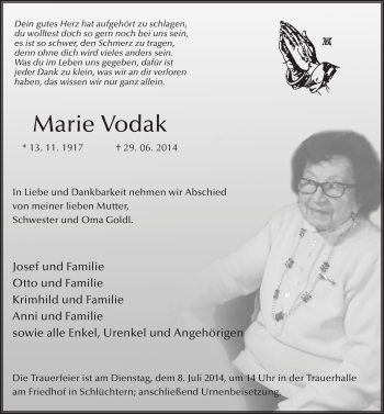 Traueranzeige von Marie Vodak 