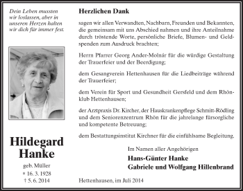 Traueranzeige von Hildegard Hanke 