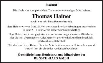 Traueranzeige von Thomas Hainer 