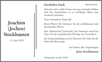 Traueranzeige von Joachim Stockhausen 