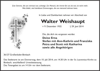 Traueranzeige von Walter Weishaupt 