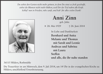 Traueranzeige von Anni Zinn 