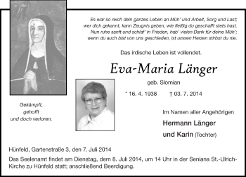 Traueranzeige von Eva-Maria Länger 