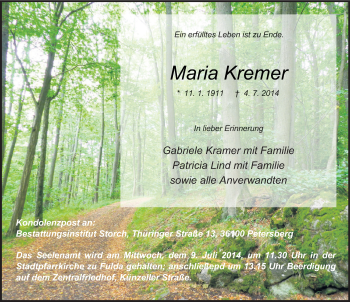 Traueranzeige von Maria Kremer 